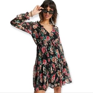American Eagle Black Floral Chiffon Ruffle V-neck Babydoll Dress, EUC, size Med